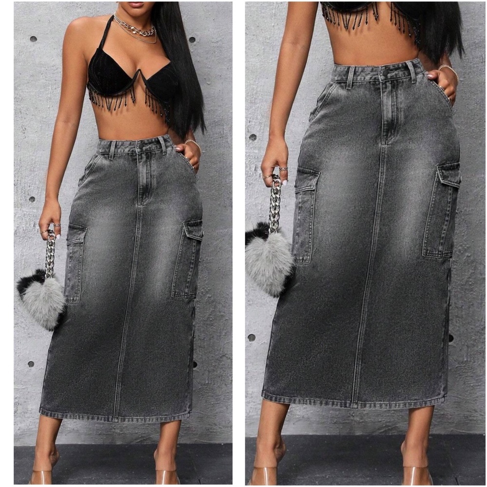 Luxe Vintage Wash Black Split Hem Cargo Jean Denim Skirt